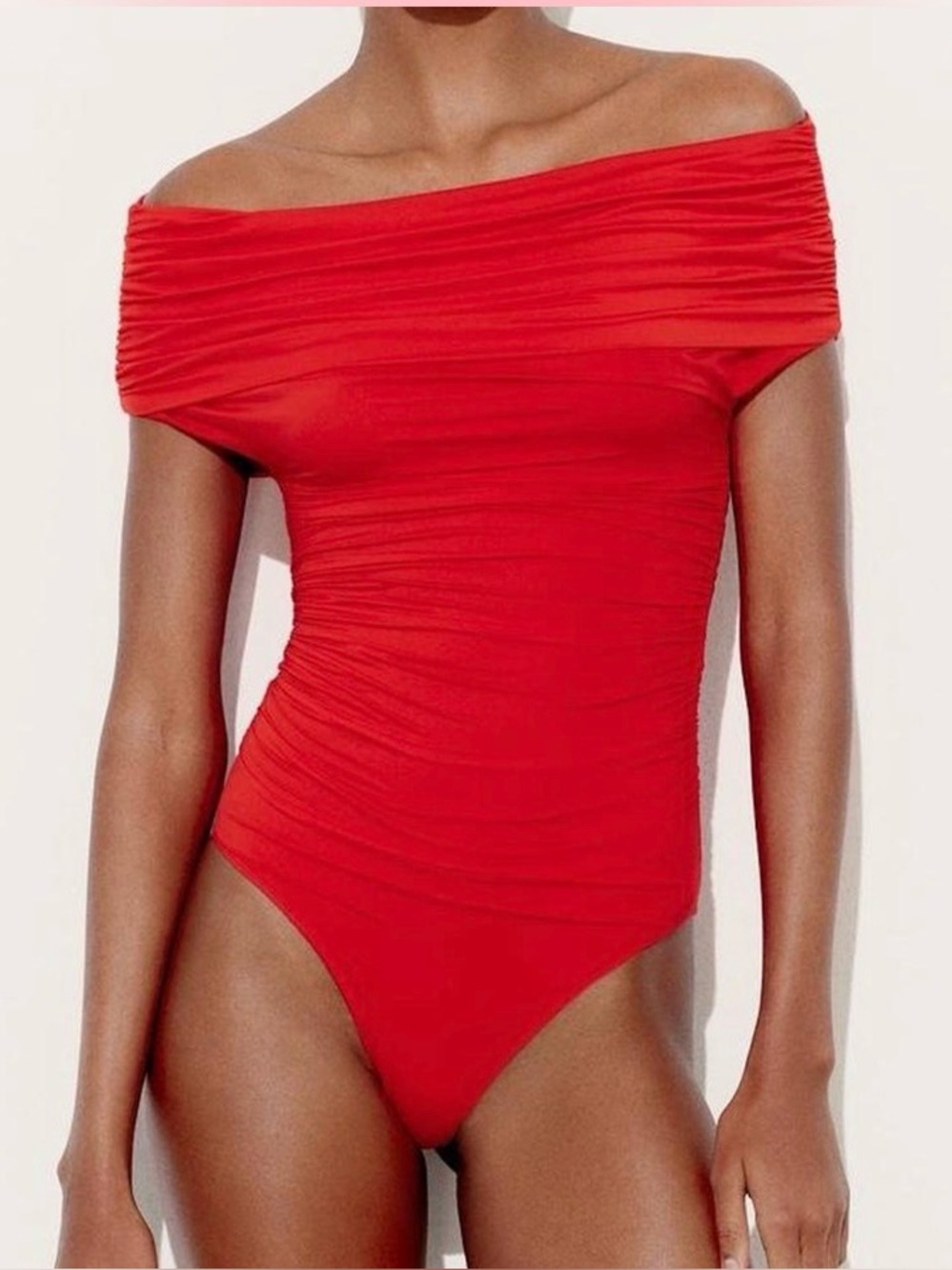 New Zara Red Off-Shoulder Ruched Bodysuit